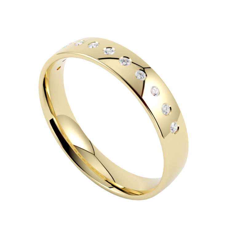 Żółta obrączka ślubna ze złota z symetrycznym układem diamentów